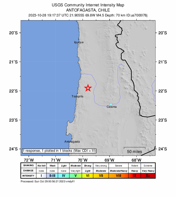 USGS DYFI community-reported intensity map for the M4.4 earthquake near 46 km ENE of Tocopilla, Chile