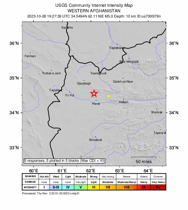 USGS DYFI community-reported intensity map for the M5.0 earthquake near 23 km NNW of Herāt, Afghanistan