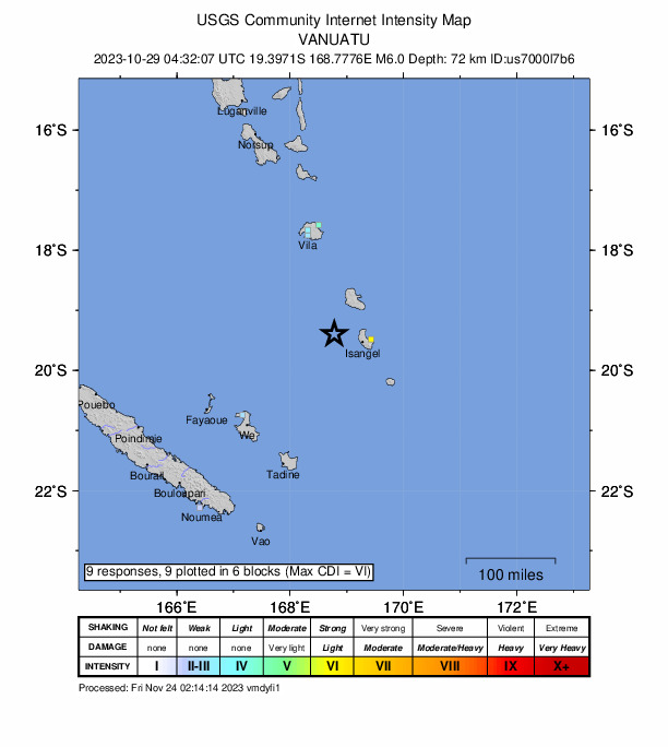 USGS DYFI community-reported intensity map for the M6.0 earthquake near 53 km WNW of Isangel, Vanuatu