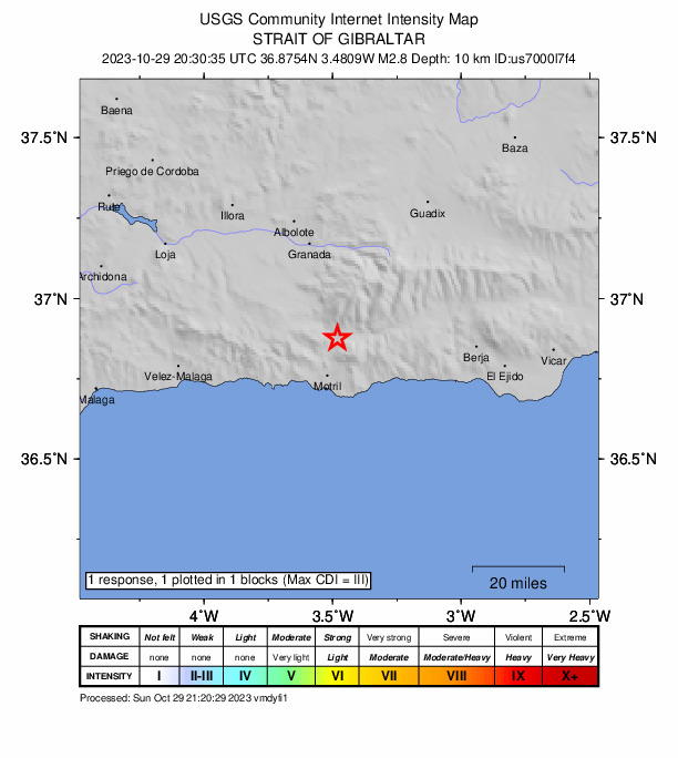 USGS DYFI community-reported intensity map for the M2.8 earthquake near 4 km S of Lanjarón, Spain
