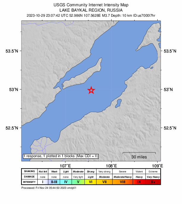 USGS DYFI community-reported intensity map for the M3.7 earthquake near 27 km SSE of Khuzhir, Russia