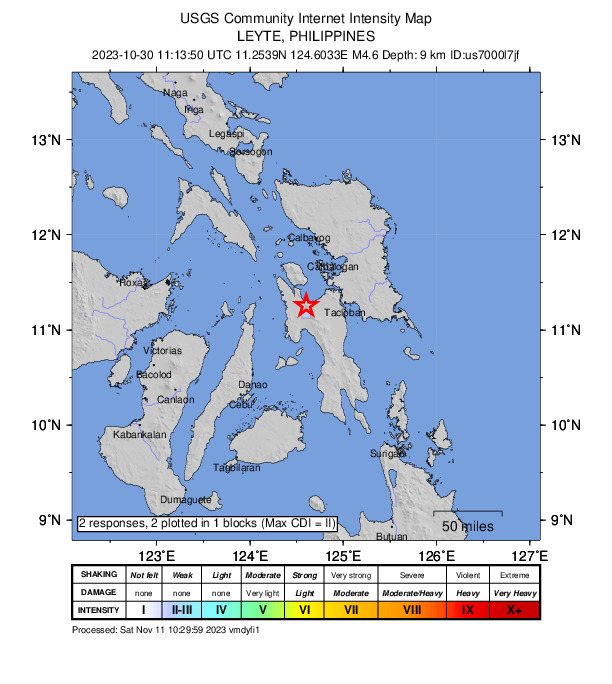 USGS DYFI community-reported intensity map for the M4.6 earthquake near 5 km SE of Limon, Philippines
