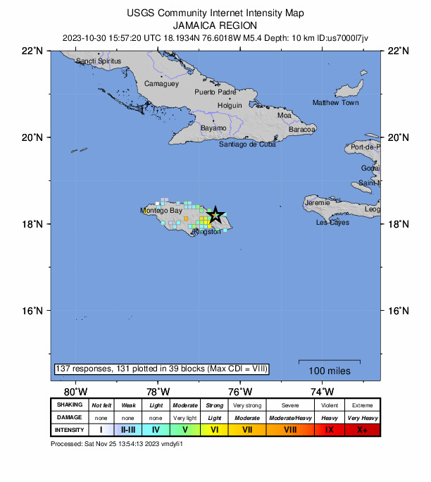 USGS DYFI community-reported intensity map for the M5.4 earthquake near 4 km WSW of Hope Bay, Jamaica