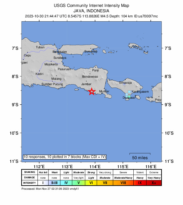 USGS DYFI community-reported intensity map for the M4.5 earthquake near 33 km WSW of Gambiran Satu, Indonesia