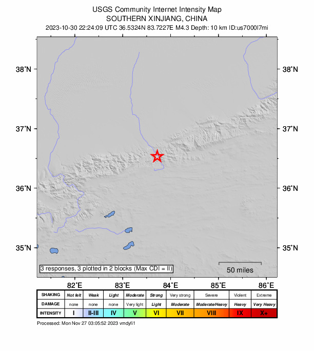 USGS DYFI community-reported intensity map for the M4.3 earthquake near 157 km E of Aqqan, China