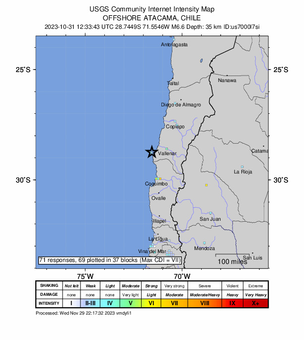 USGS DYFI community-reported intensity map for the M6.6 earthquake near 80 km WSW of Vallenar, Chile