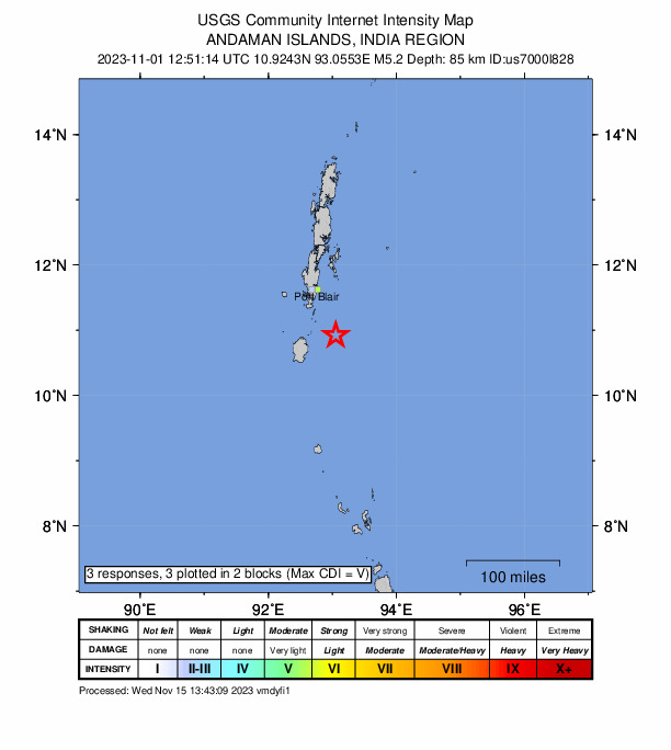 USGS DYFI community-reported intensity map for the M4.9 earthquake near 88 km SSE of Port Blair, India