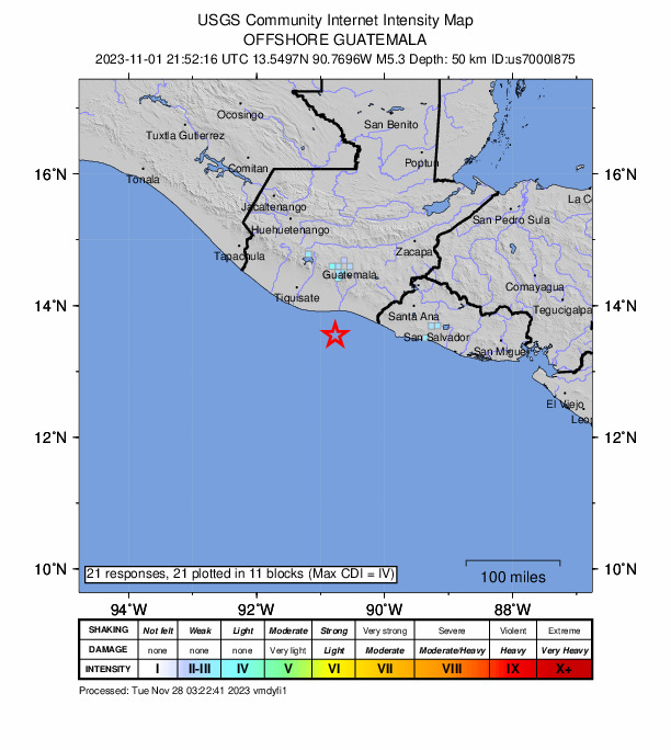 USGS DYFI community-reported intensity map for the M5.3 earthquake near 42 km S of Puerto San José, Guatemala