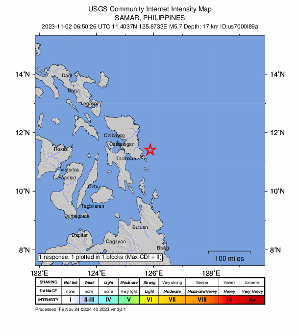 USGS DYFI community-reported intensity map for the M5.7 earthquake near 29 km ENE of Hernani, Philippines