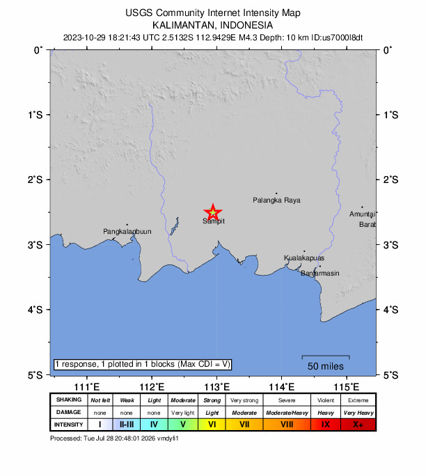 USGS DYFI community-reported intensity map for the M4.3 earthquake near 2 km NNW of Sampit, Indonesia
