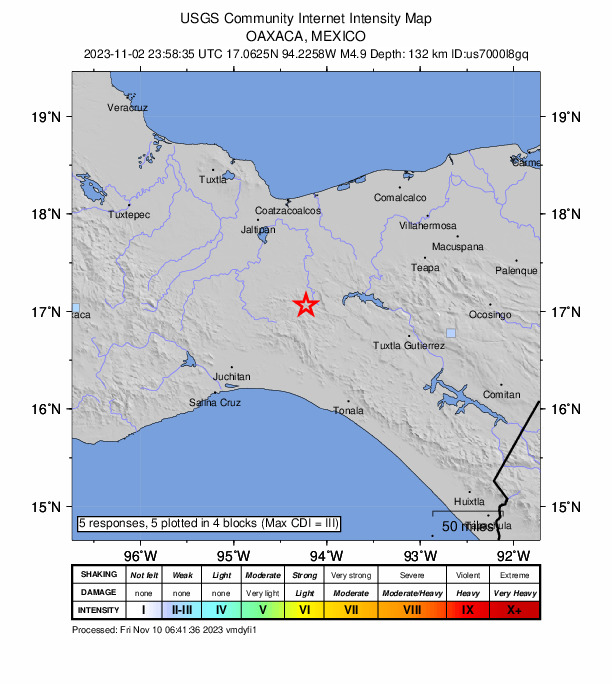 USGS DYFI community-reported intensity map for the M4.9 earthquake near 16 km S of La Horqueta (Poblado Doce), Mexico