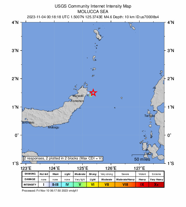 USGS DYFI community-reported intensity map for the M4.6 earthquake near 33 km ENE of Bitung, Indonesia