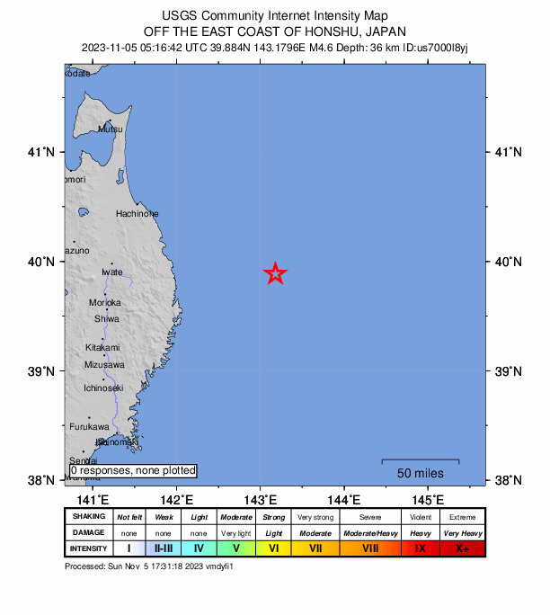 USGS DYFI community-reported intensity map for the M4.6 earthquake near 107 km ENE of Miyako, Japan