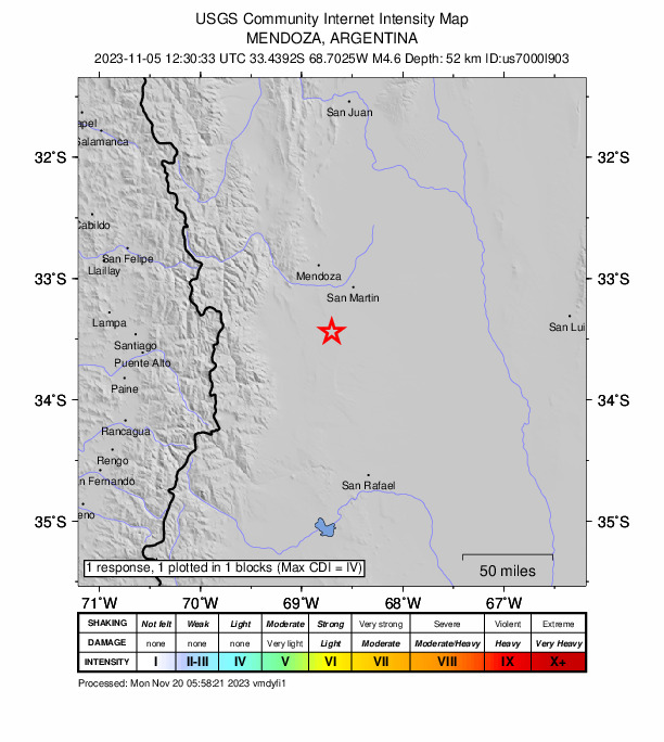 USGS DYFI community-reported intensity map for the M3.8 earthquake near 47 km SSW of San Martín, Argentina