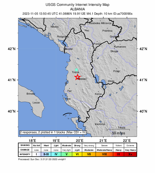 USGS DYFI community-reported intensity map for the M4.1 earthquake near 3 km NNW of Cërrik, Albania
