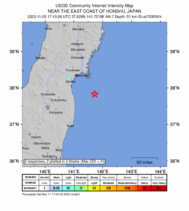 USGS DYFI community-reported intensity map for the M4.7 earthquake near near the east coast of Honshu, Japan