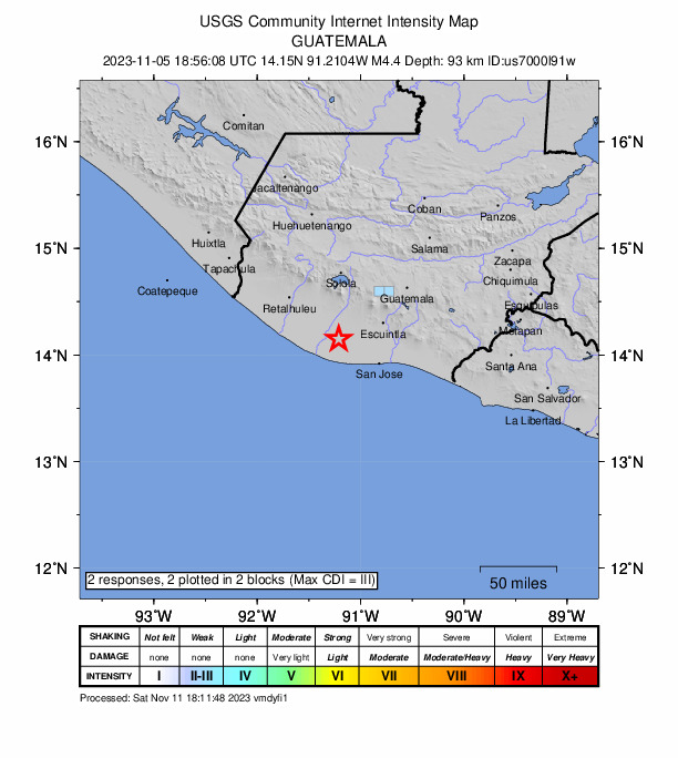 USGS DYFI community-reported intensity map for the M4.4 earthquake near 11 km ESE of Nueva Concepción, Guatemala