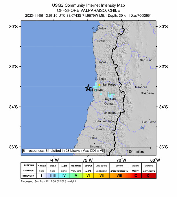 USGS DYFI community-reported intensity map for the M5.1 earthquake near 30 km W of Valparaíso, Chile