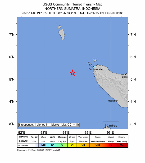 USGS DYFI community-reported intensity map for the M4.8 earthquake near northern Sumatra, Indonesia
