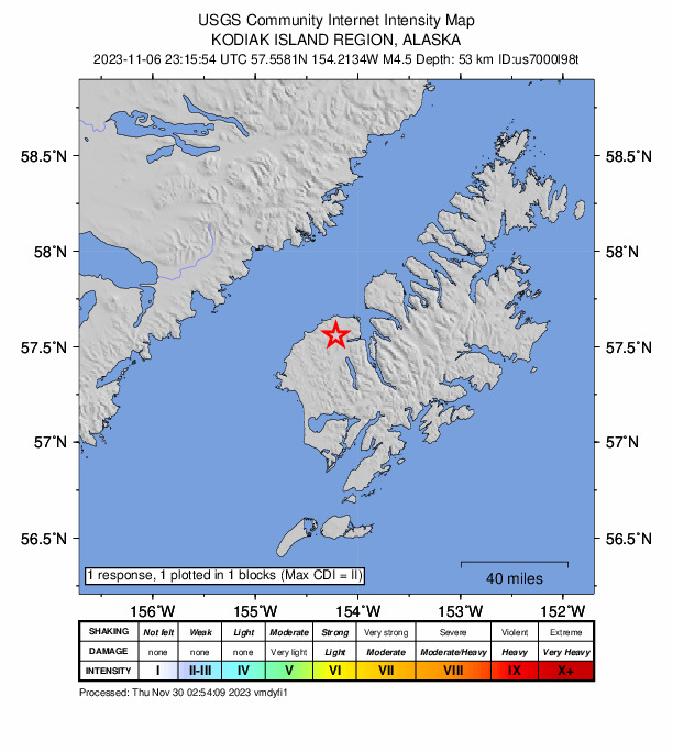 USGS DYFI community-reported intensity map for the M3.9 earthquake near Kodiak Island region, Alaska