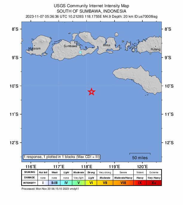 USGS DYFI community-reported intensity map for the M4.9 earthquake near 145 km SW of Tambolaka, Indonesia