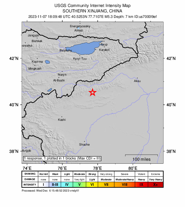 USGS DYFI community-reported intensity map for the M5.3 earthquake near Xinjiang Uygur, China