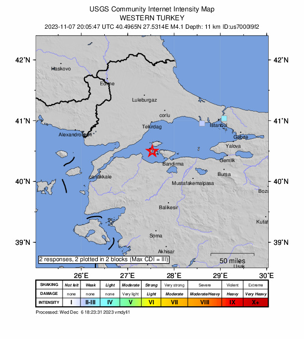 USGS DYFI community-reported intensity map for the M4.1 earthquake near 10 km SSW of Marmara, Turkey