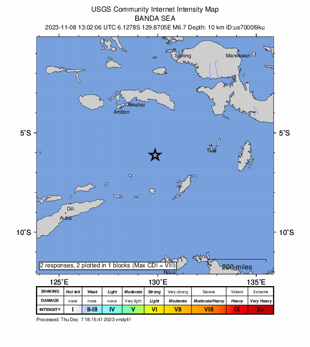 USGS DYFI community-reported intensity map for the M6.7 earthquake near Banda Sea