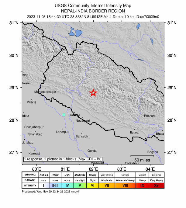 USGS DYFI community-reported intensity map for the M4.1 earthquake near 27 km E of Dailekh, Nepal