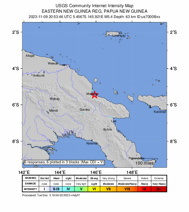 USGS DYFI community-reported intensity map for the M5.4 earthquake near 30 km SSE of Madang, Papua New Guinea