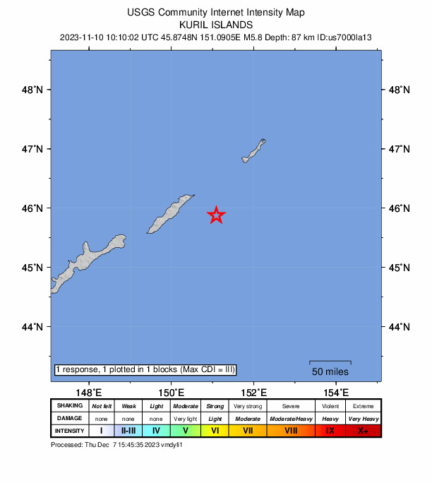 USGS DYFI community-reported intensity map for the M5.8 earthquake near 262 km ENE of Kuril’sk, Russia