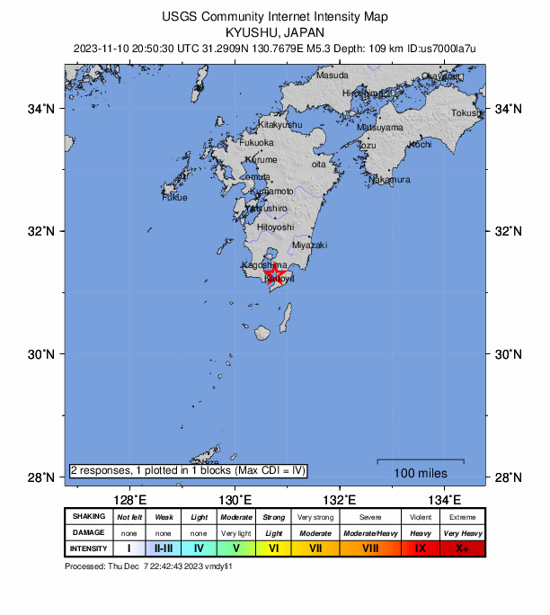 USGS DYFI community-reported intensity map for the M5.3 earthquake near 12 km SW of Kanoya, Japan