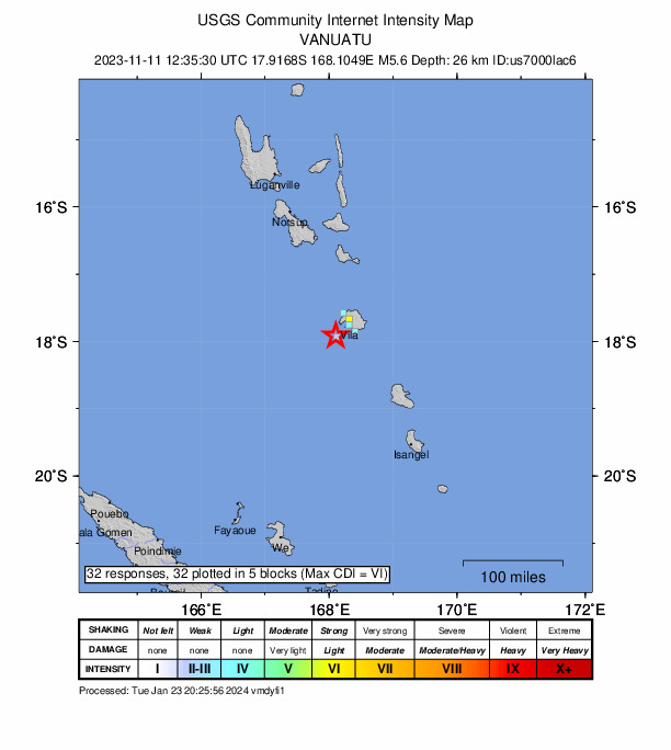 USGS DYFI community-reported intensity map for the M5.6 earthquake near 29 km SW of Port-Vila, Vanuatu