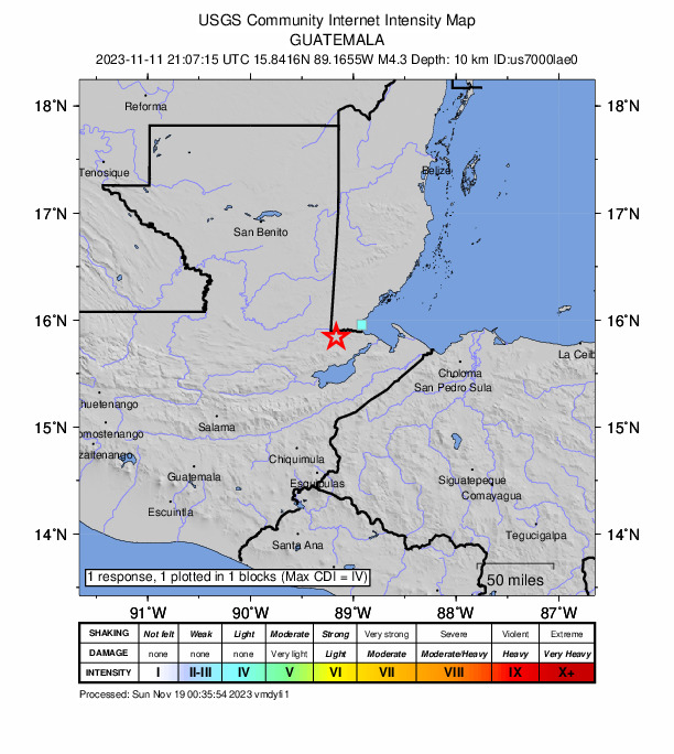 USGS DYFI community-reported intensity map for the M4.3 earthquake near 38 km NNE of El Estor, Guatemala