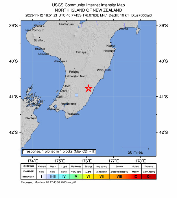 USGS DYFI community-reported intensity map for the M4.1 earthquake near 18 km NW of Castlepoint, New Zealand