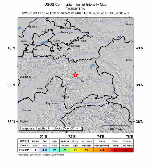 USGS DYFI community-reported intensity map for the M5.3 earthquake near 103 km SE of Karakenja, Tajikistan