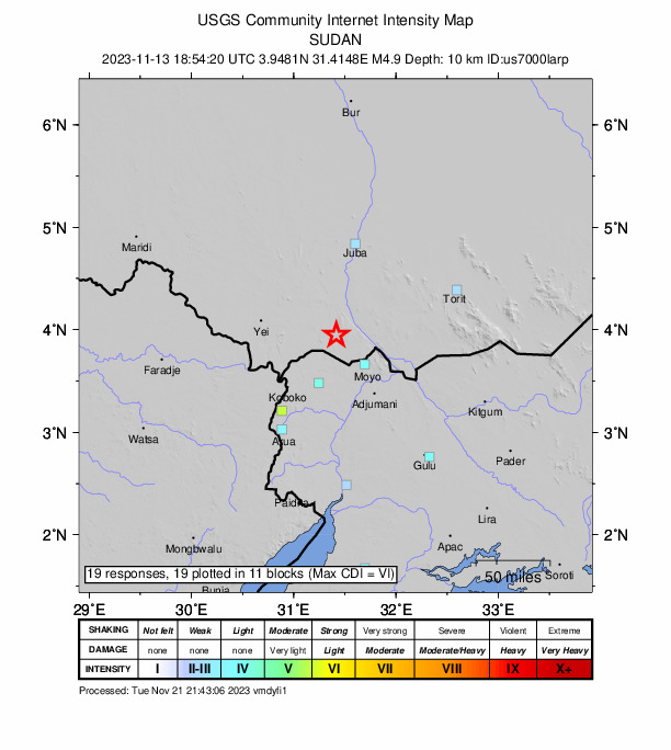 USGS DYFI community-reported intensity map for the M4.9 earthquake near 46 km NW of Moyo, Uganda