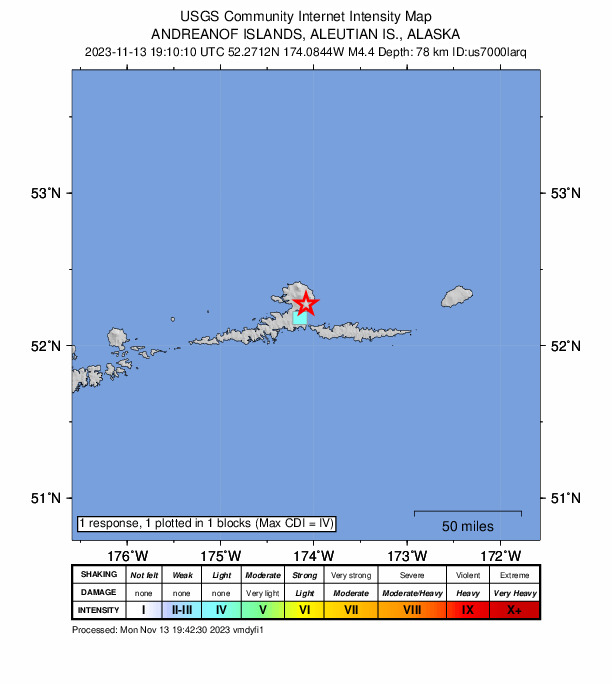 USGS DYFI community-reported intensity map for the M4.4 earthquake near 9 km E of Atka, Alaska