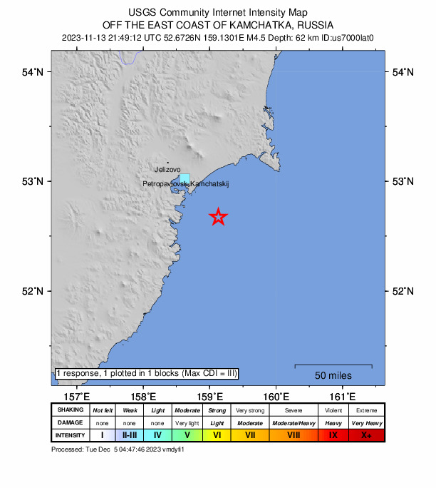 USGS DYFI community-reported intensity map for the M4.5 earthquake near 55 km SE of Petropavlovsk-Kamchatsky, Russia