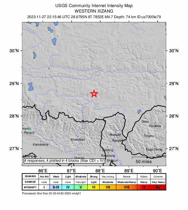 USGS DYFI community-reported intensity map for the M4.7 earthquake near 124 km WSW of Rikaze, China