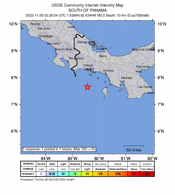 USGS DYFI community-reported intensity map for the M5.0 earthquake near 65 km SE of Burica, Panama