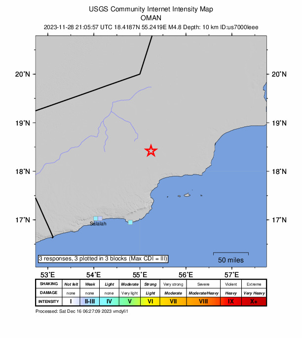 USGS DYFI community-reported intensity map for the M4.8 earthquake near 197 km NE of Şalālah, Oman