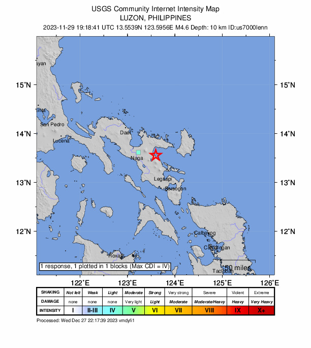 USGS DYFI community-reported intensity map for the M4.6 earthquake near 7 km NNW of Joroan, Philippines