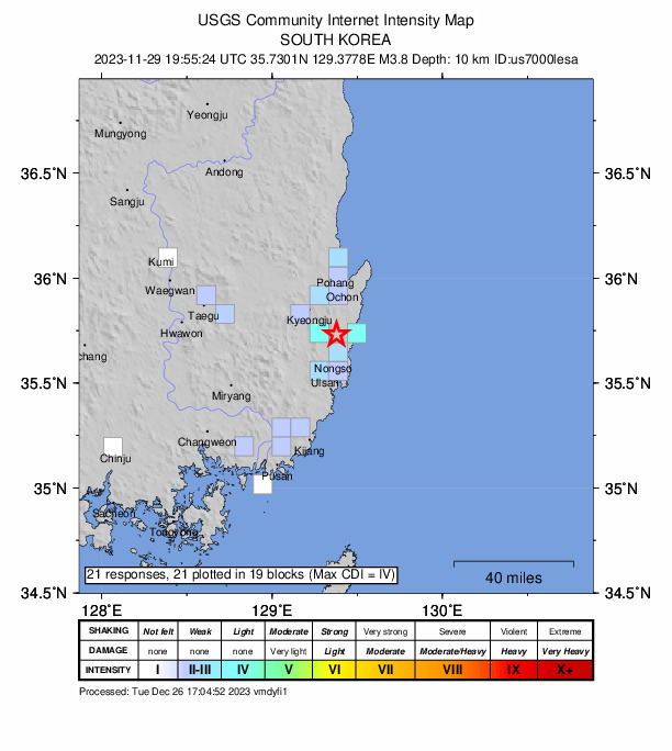 USGS DYFI community-reported intensity map for the M3.8 earthquake near 19 km SE of Gyeongju, South Korea