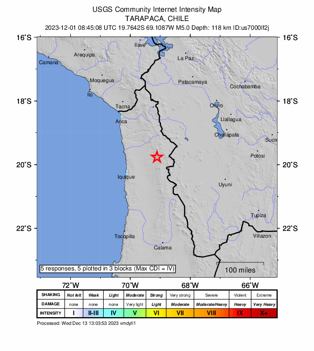USGS DYFI community-reported intensity map for the M5.0 earthquake near 60 km SSE of Camiña, Chile