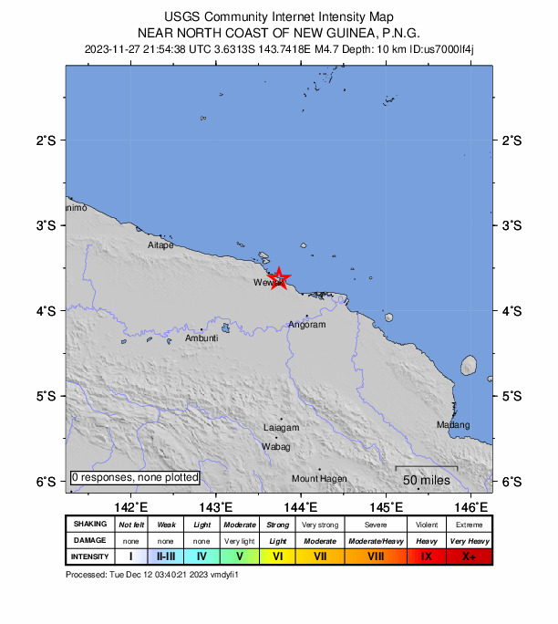 USGS DYFI community-reported intensity map for the M4.7 earthquake near 7 km SE of Wewak, Papua New Guinea