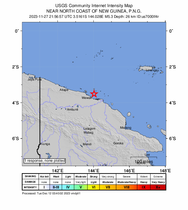 USGS DYFI community-reported intensity map for the M5.1 earthquake near 47 km E of Wewak, Papua New Guinea