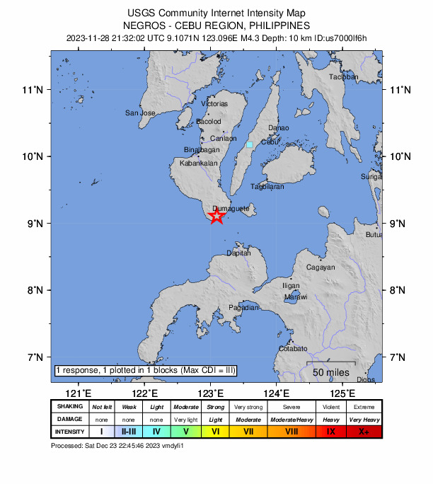 USGS DYFI community-reported intensity map for the M4.3 earthquake near 5 km ESE of Casala-an, Philippines