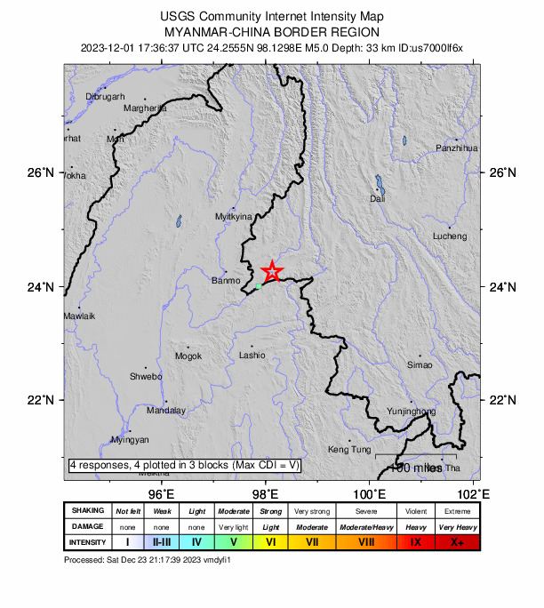 USGS DYFI community-reported intensity map for the M5.0 earthquake near 13 km W of Zhefang, China