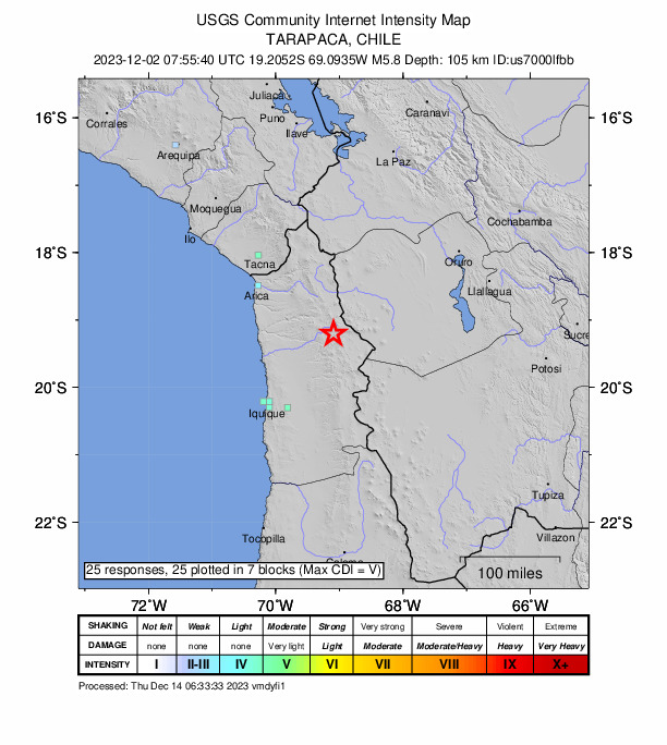 USGS DYFI community-reported intensity map for the M5.8 earthquake near 28 km ENE of Camiña, Chile